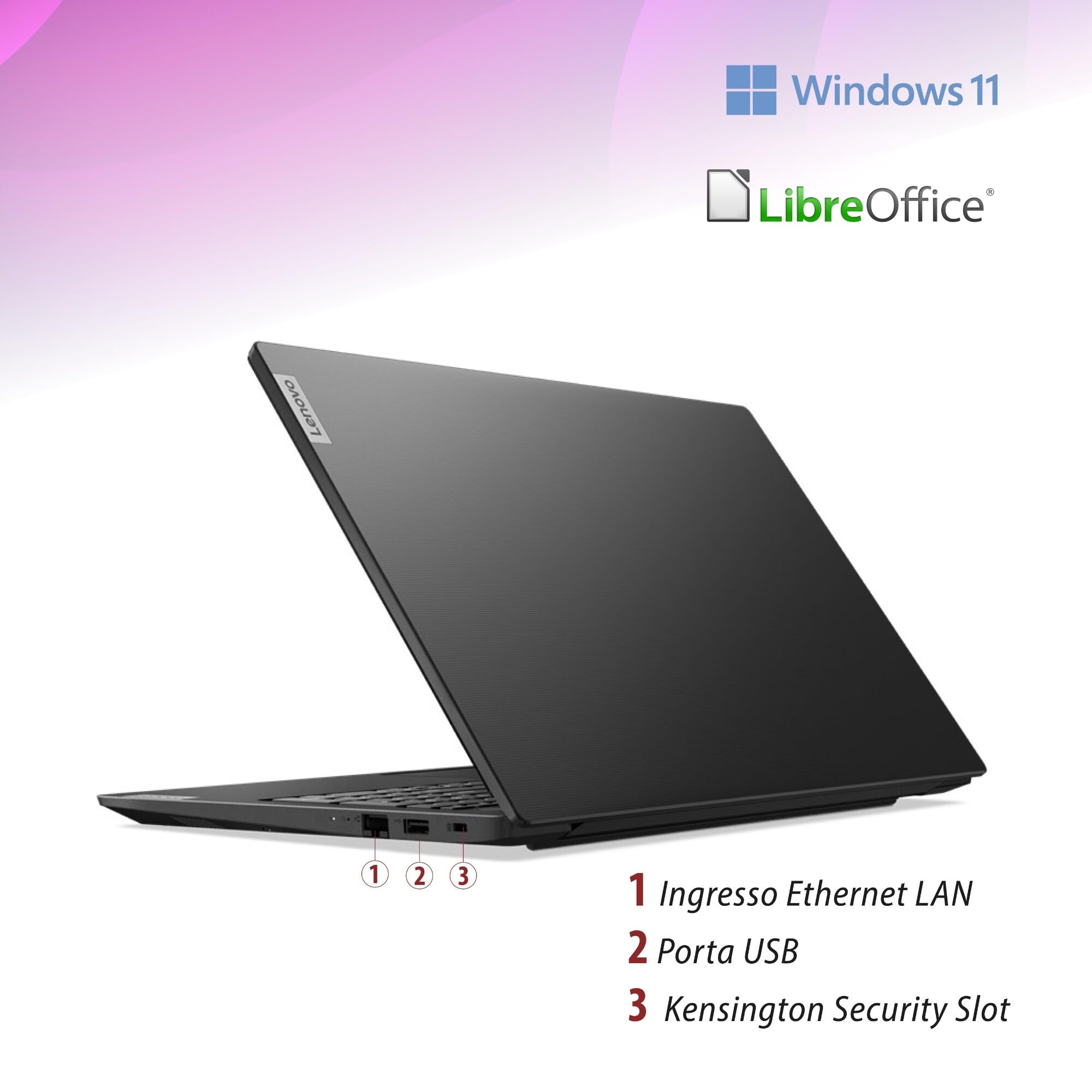 Lenovo, pc portatile notebook, Amd Ryzen 3 7Th, RAM 8Gb, SSD 256Gb, Display 15.6" FHD, Web cam, 3 usb, Wi-fi, hdmi, Win11 Pro, Libre Office, preconfigurato e pronto all'uso + mouse wireless - Miniatura 4