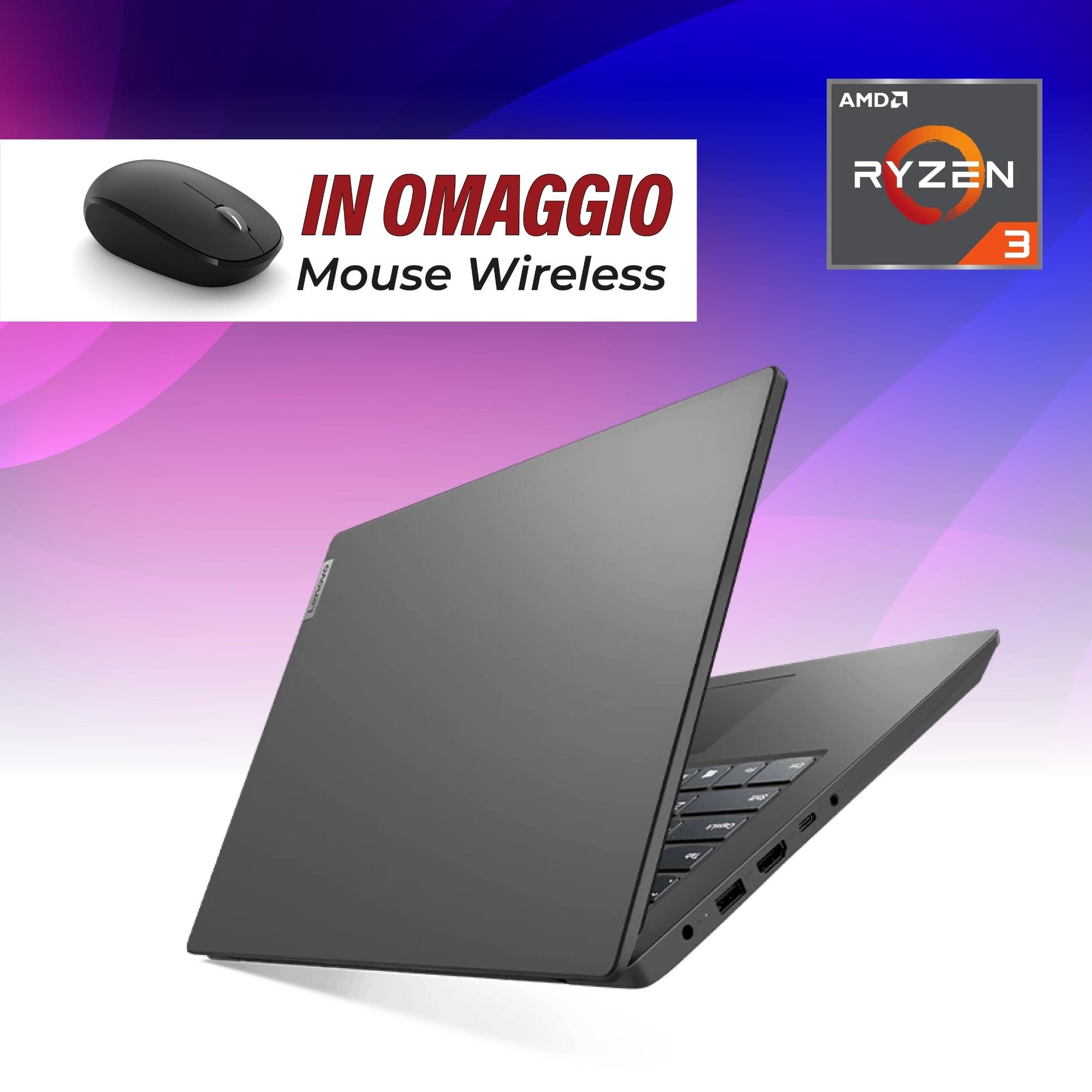 Lenovo, pc portatile notebook, Amd Ryzen 3 7Th, RAM 8Gb, SSD 256Gb, Display 15.6" FHD, Web cam, 3 usb, Wi-fi, hdmi, Win11 Pro, Libre Office, preconfigurato e pronto all'uso + mouse wireless - Miniatura 5