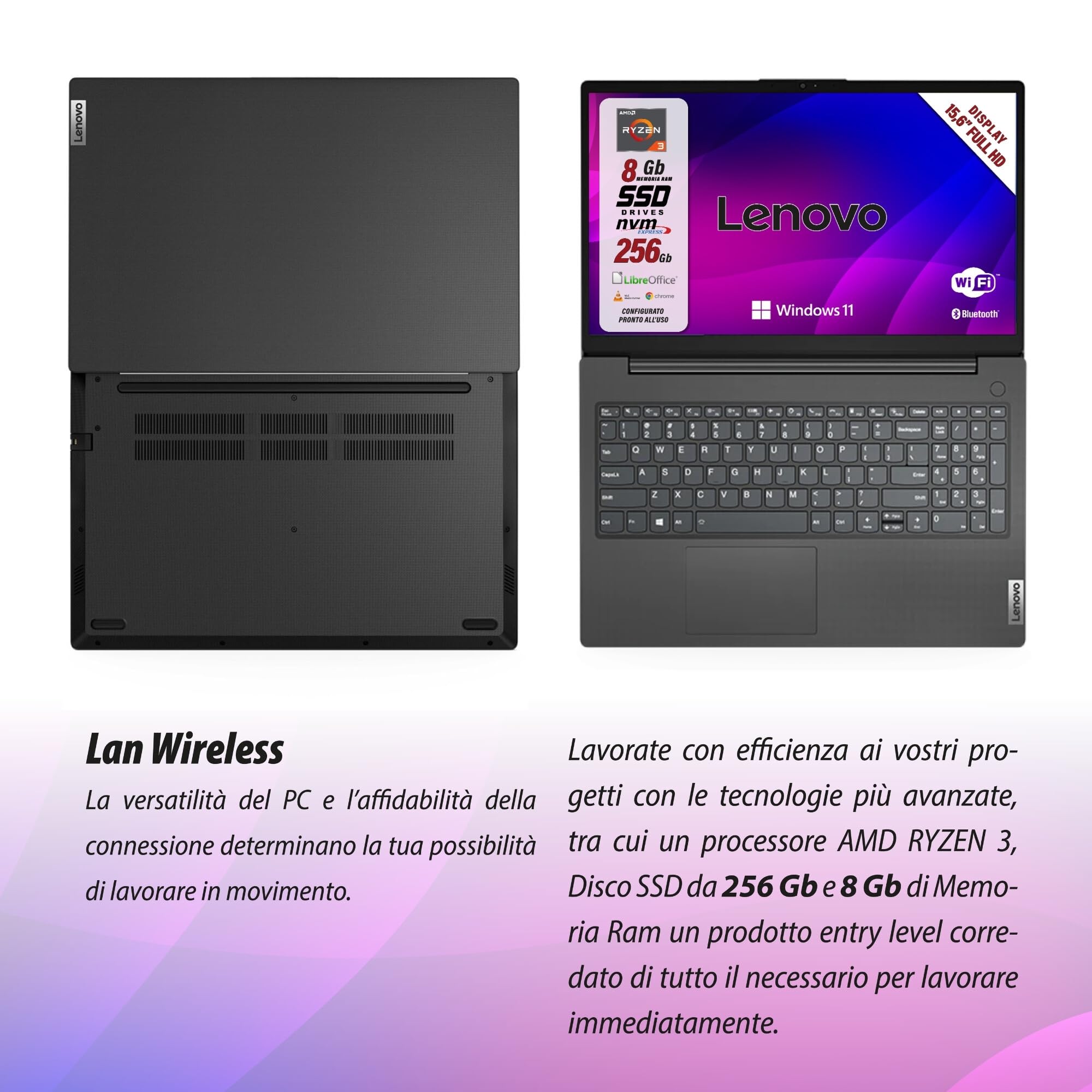 Lenovo, pc portatile notebook, Amd Ryzen 3 7Th, RAM 8Gb, SSD 256Gb, Display 15.6" FHD, Web cam, 3 usb, Wi-fi, hdmi, Win11 Pro, Libre Office, preconfigurato e pronto all'uso + mouse wireless - Miniatura 6