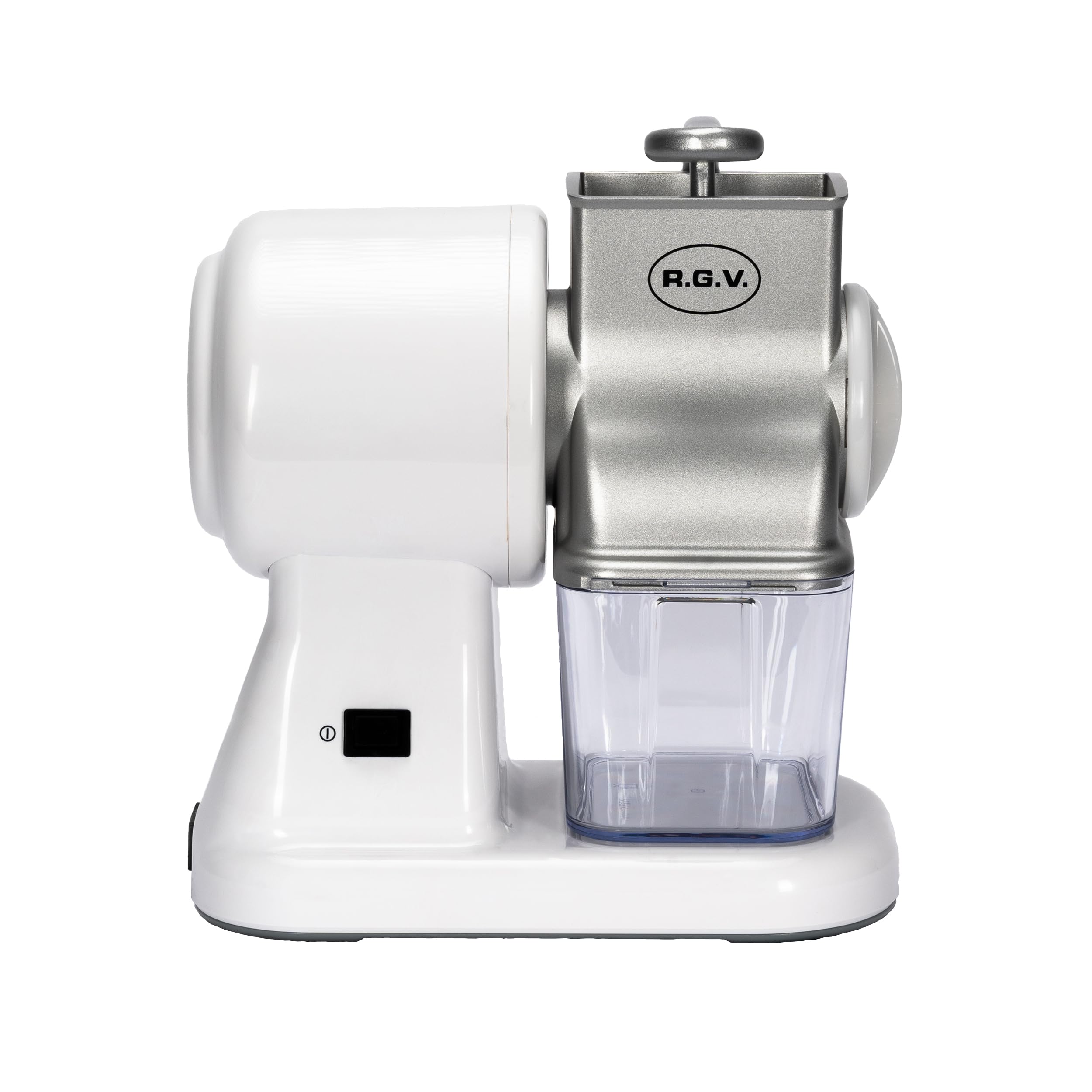RGV Robusta Junior - Grattugia Elettrica con Rullo in Acciaio Inox Ø58x82 mm, 150W, Tramoggia in Alluminio Lavabile, Contenitore Estraibile con Coperchio Salvafreschezza