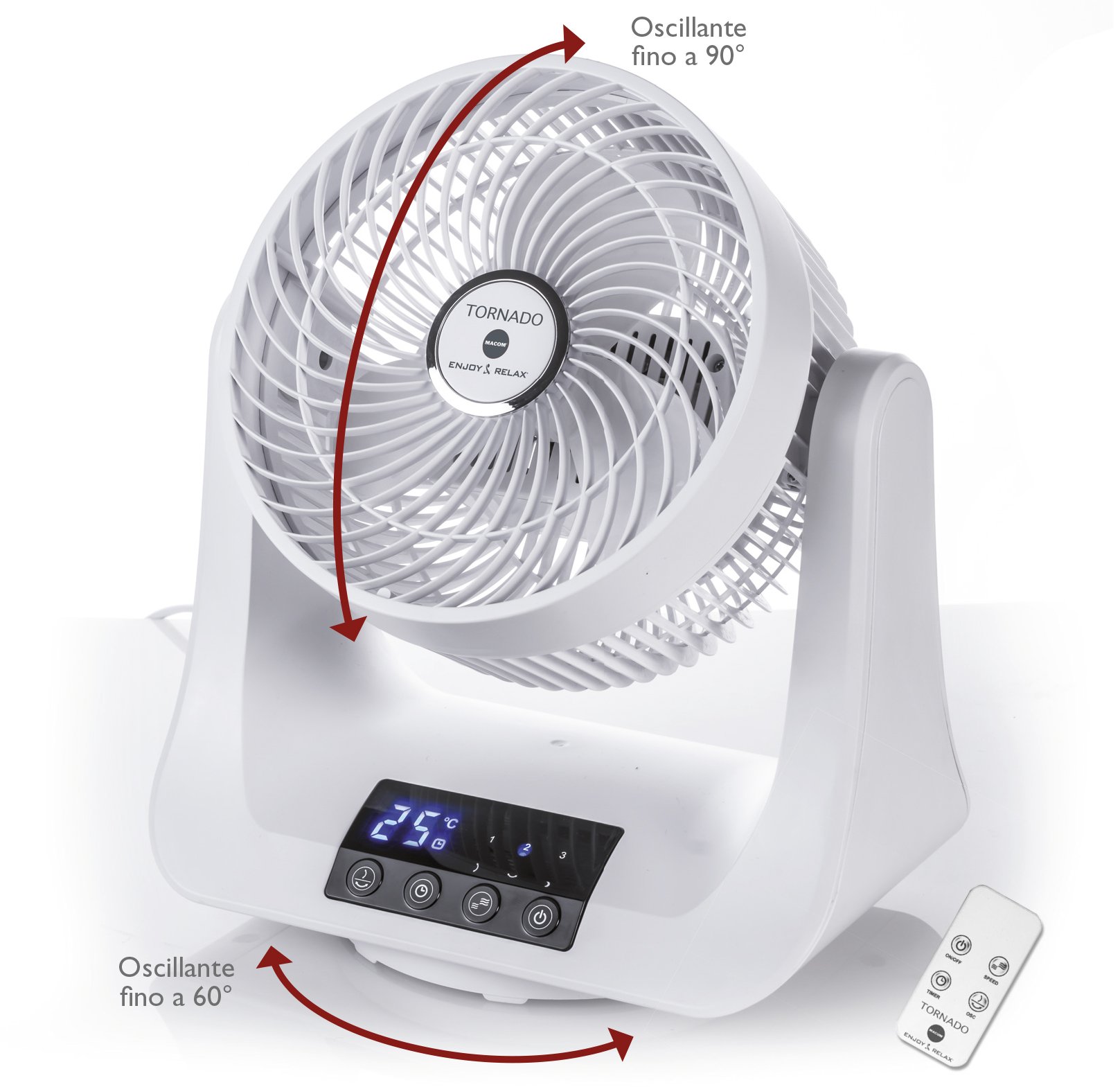 MACOM, Ventilatore Super Potente Silenziosissimo con ventole Vortex, doppia oscillazione automatica, 3 velocità, timer, telecomando e display temperatura ambiente, Enjoy & Relax 993 Tornado - Miniatura 2