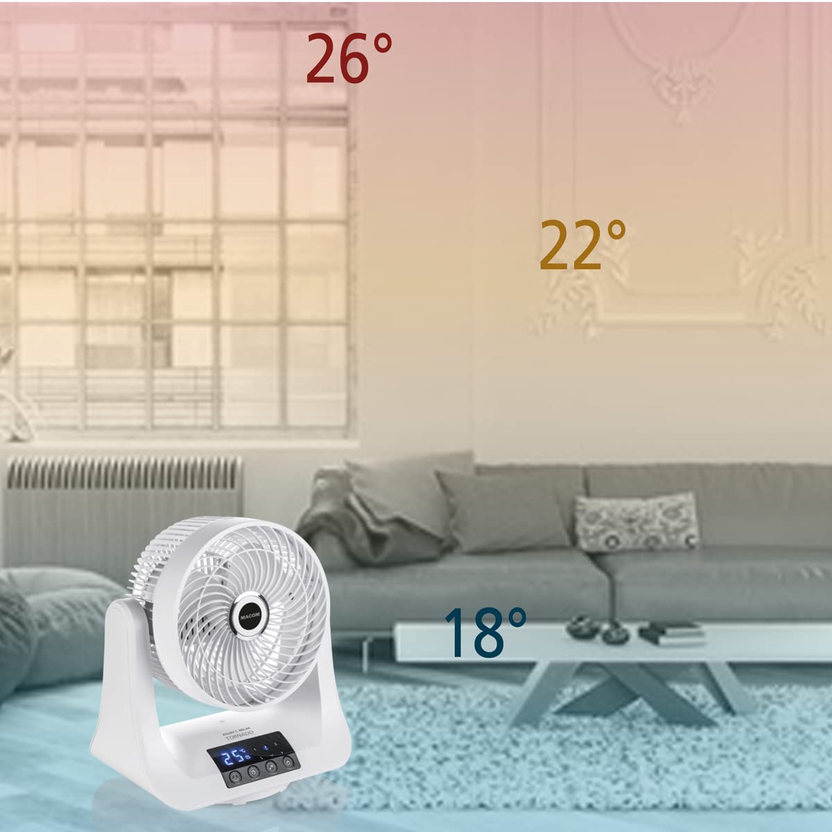 MACOM, Ventilatore Super Potente Silenziosissimo con ventole Vortex, doppia oscillazione automatica, 3 velocità, timer, telecomando e display temperatura ambiente, Enjoy & Relax 993 Tornado - Miniatura 5