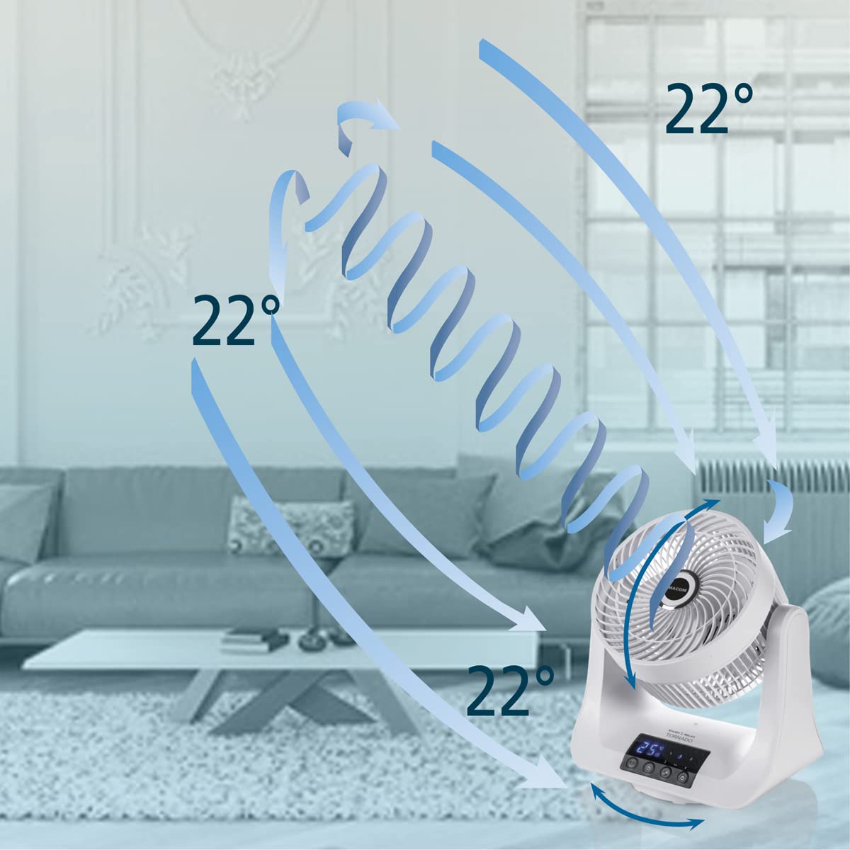MACOM, Ventilatore Super Potente Silenziosissimo con ventole Vortex, doppia oscillazione automatica, 3 velocità, timer, telecomando e display temperatura ambiente, Enjoy & Relax 993 Tornado - Miniatura 6