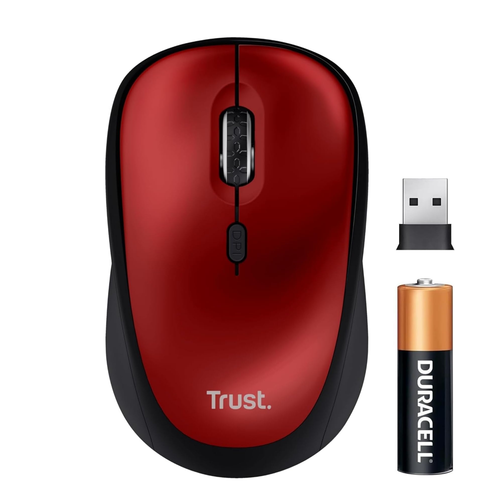 Trust Yvi+ Mouse Wireless Silenzioso con Design Sostenibile, 800-1600 DPI, per Mano Sinistra e Destra, Microricevitore USB, Mouse Senza Fili Compatto per PC, Computer, Laptop, Mac - Rosso