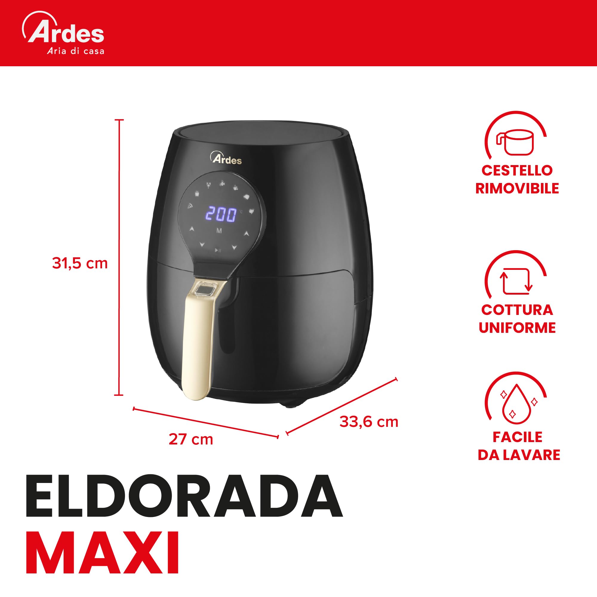 Ardes Eldorada Maxi AR1K33 - Friggitrice ad aria 5 litri - Airfryer con tecnologia Rapid Air - Air fryer 7 in 1, temperatura e timer regolabili, display digitale touch - Miniatura 3