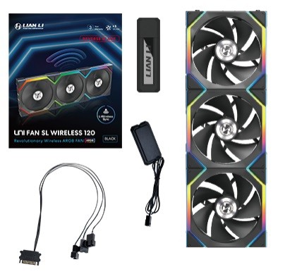 Ventola Lian Li UNI FAN SL Ventola Wireless ARGB PWM Kit da 3 con controller Lama Inversa 120mm Nero - Immagine 1