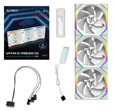 Ventola Lian Li UNI FAN SL Ventola Wireless ARGB PWM Kit da 3 con controller Lama Inversa 120mm Bianco - Immagine 1