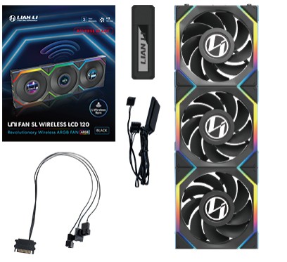 Ventola Lian Li UNI FAN SL Ventola LCD Wireless ARGB PWM Kit da 3 con controller Lama Inversa 120mm Nero - Immagine 1