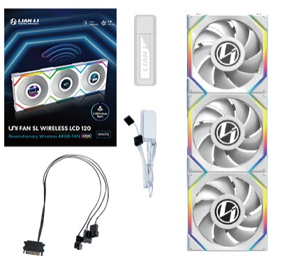 Ventola Lian Li UNI FAN SL Ventola LCD Wireless ARGB PWM Kit da 3 con controller 120mm Bianco - Immagine 1