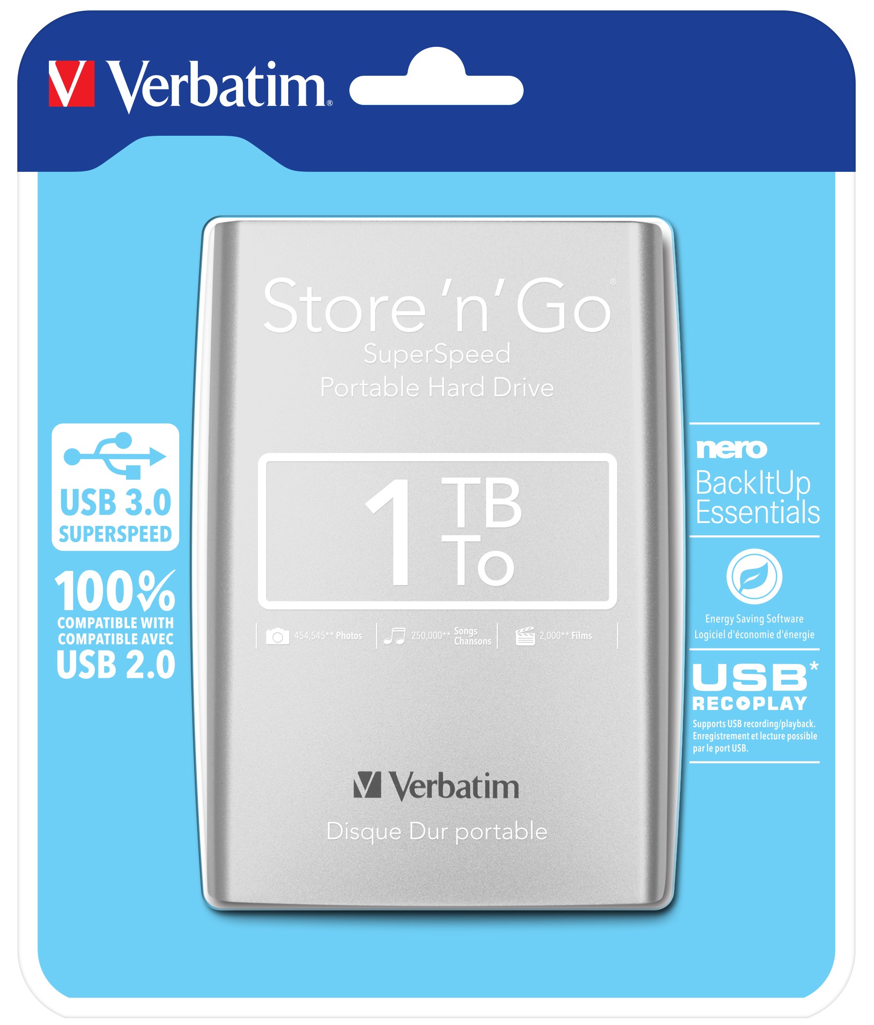 HARD DISK ESTERNO VERBATIM 1TB STORE N GO 2,5 USB 3.0 SILVER - Immagine 1