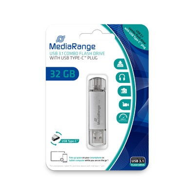 Pendrive MediaRange combo memory stick 32 GB USB A 3.2 USB C 3.2 argento - Immagine 1